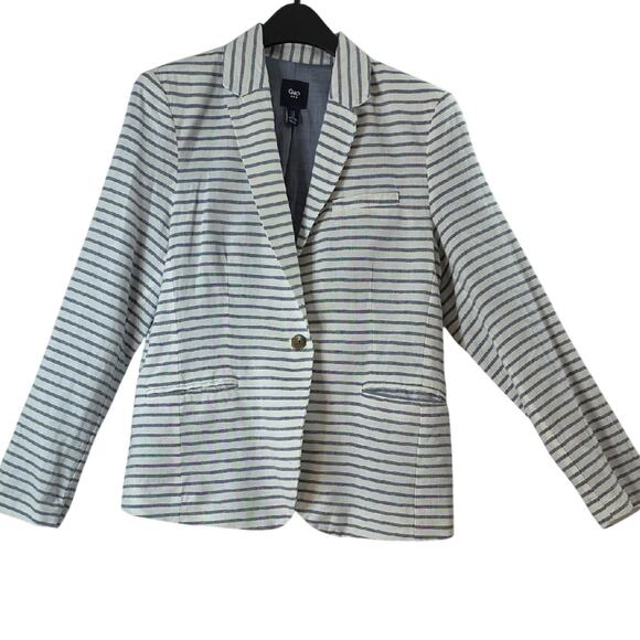 GAP Womens Sz 12 Linen Blend Academia Preppy Fairy Shoulder Pads Stripe Blazer - Picture 1 of 12